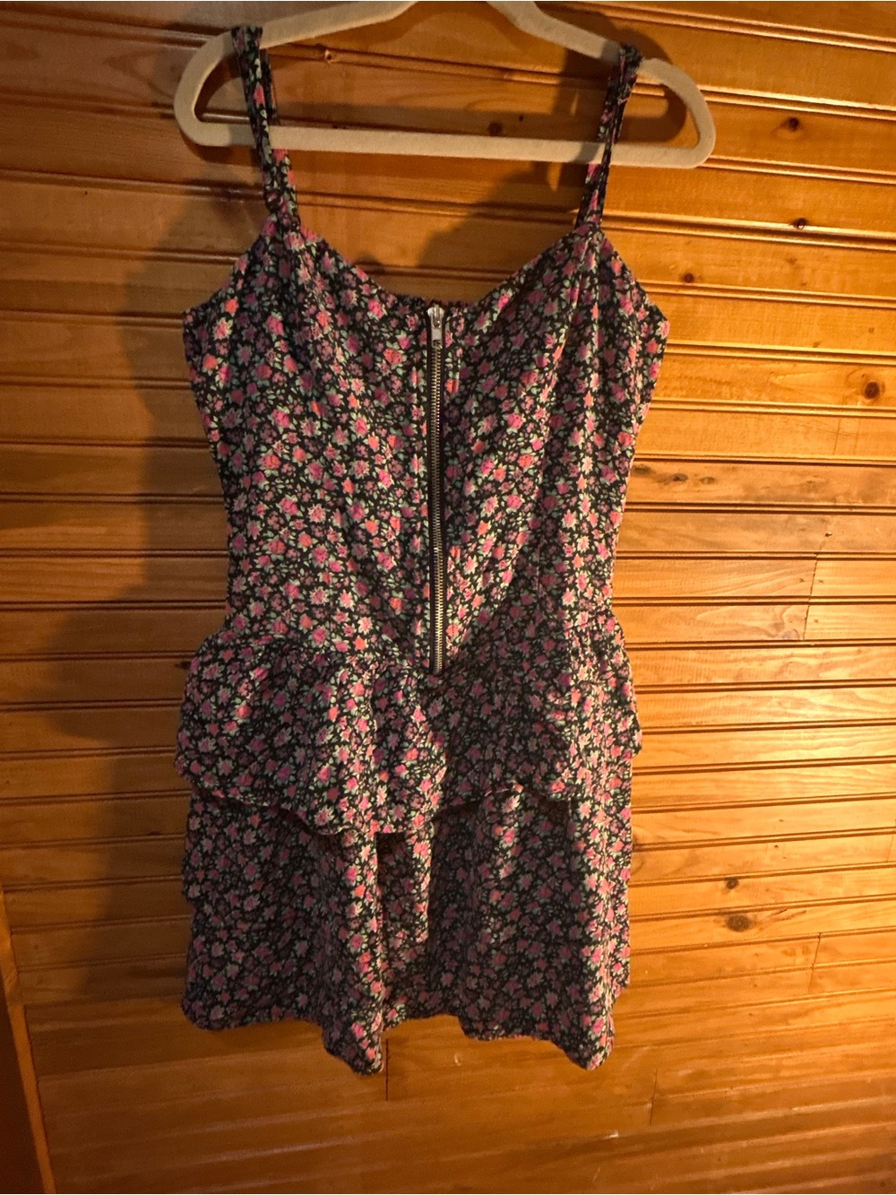Asymmetrical Floral Peplum Dress with Front Zip in Pink and Black